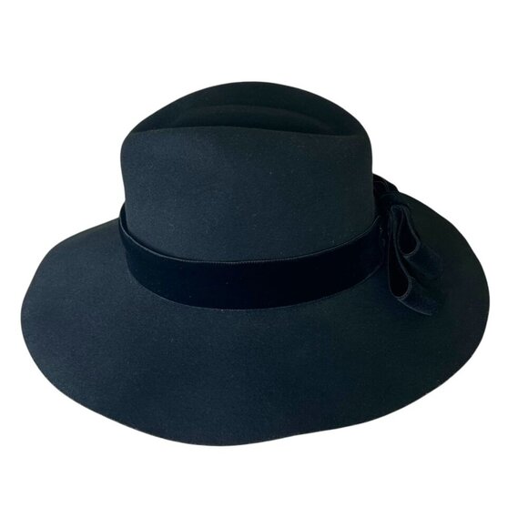Sensi Studio - Women’s Felted Wool Fedora Hat, Velvet Band, Bow - Black, Large - Picture 8 of 16
